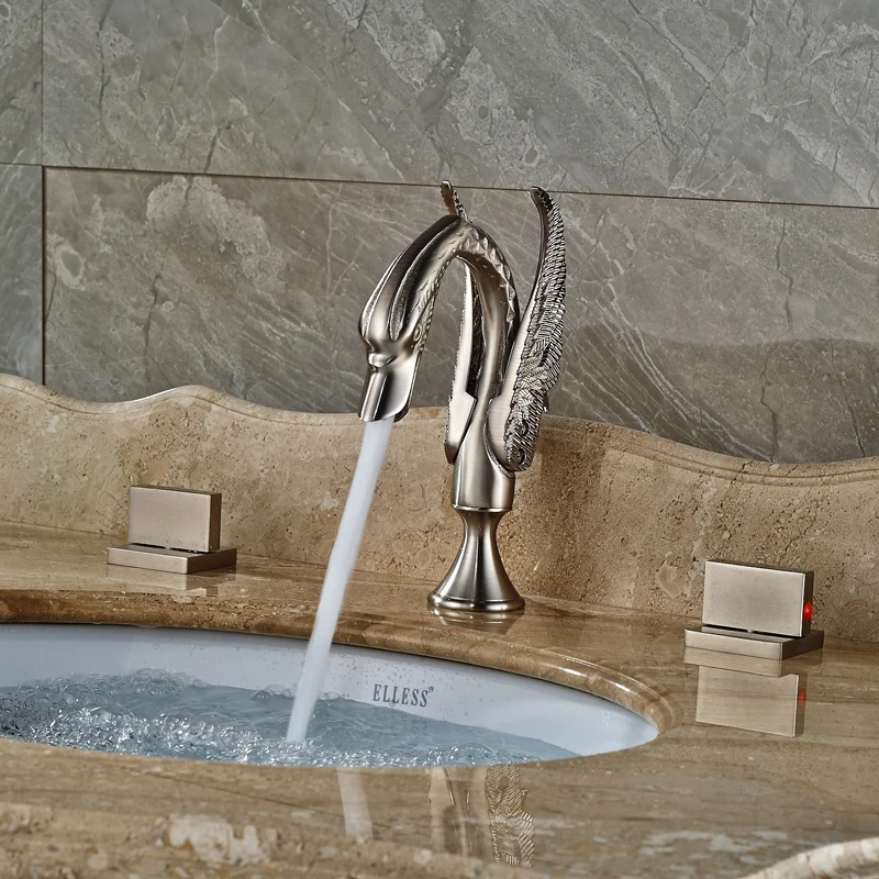 Nickel Brushed Dual Handle Basin Faucet Swan Shape...