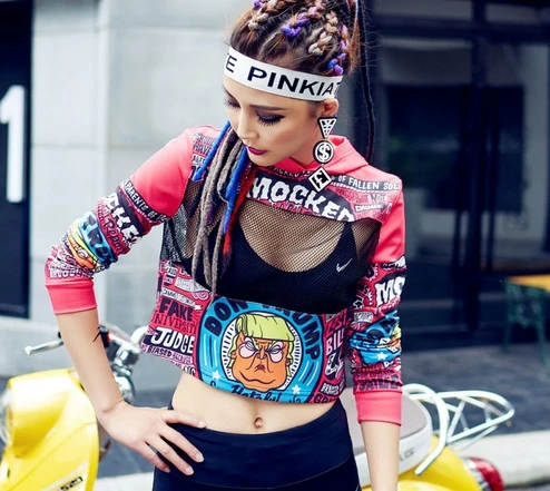 

2019 New Women T Shirts Sexy Hollow Out Long Sleeve Hooded Crop Tops Tee Shirts Graffiti print Hip Hop Dance Clothes