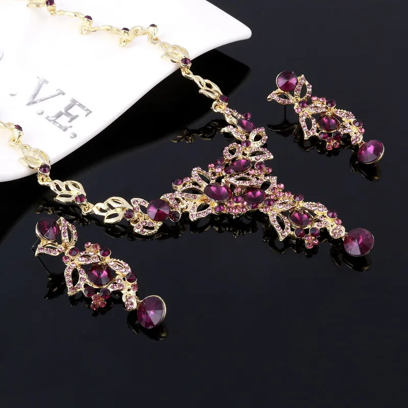 Elegant Purple Crystal Wedding Jewelry Set Gold/Silver Luxury Summer Women Dance Costume Jewelry