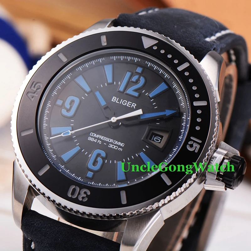 Bliger 43mm Black Dial Sub Style Mens Automatic Watch Black Bezel Blue Luminous Mark Clock BlackLeather StrapTimepiece BA4301SLK