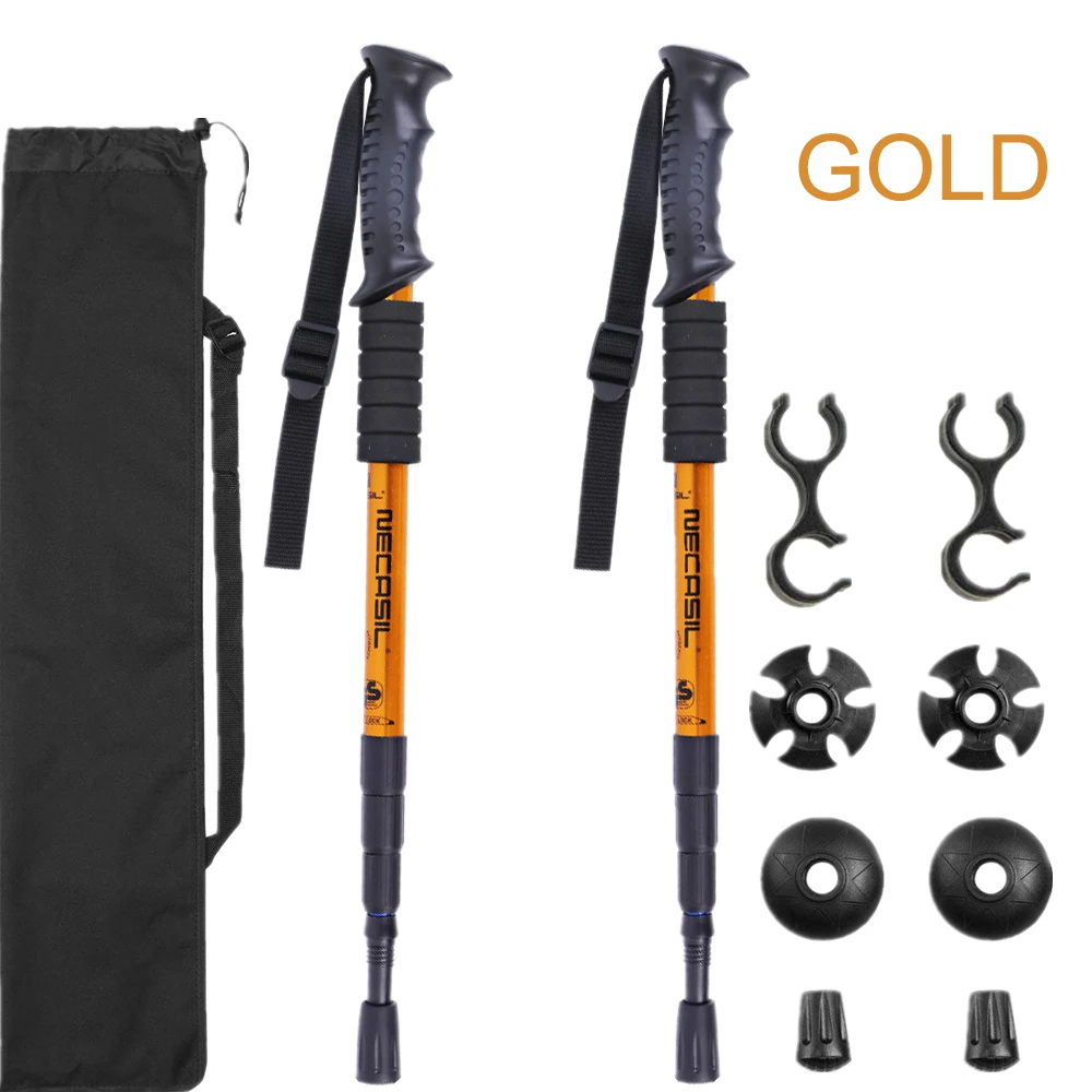 gold trekking stick 2 шт./лот трекинговые палки Поход Трость Скандинавская ходьба трость алюминиевый Лыжный лагерь телескопическая дубинка на открытом воздухе походные палки костыли walking poles hiking poles walking stick - Цвет: gold