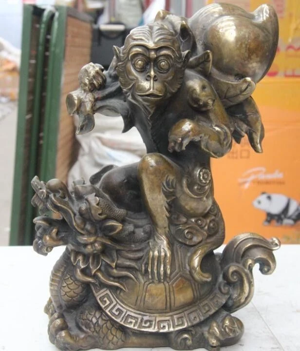 

Old China Bronze Copper FengShui Peach Monkey ride Dragon Turtle tortoise Statue