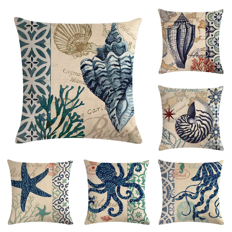 Pattern Cushion Decor Pillow Cotton Home Octopus Linen Conch 18" Cover Case