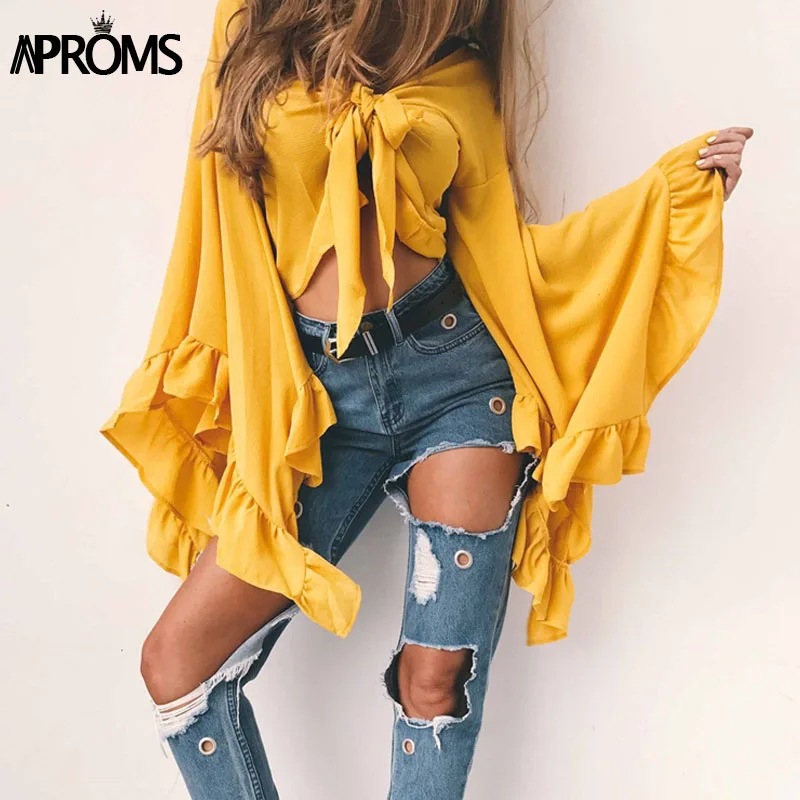 Aproms Sexy V Средства ухода за кожей шеи галстук-бабочку крест Топы корректирующие Для женщин Летняя черная футболка с длинным рукавом