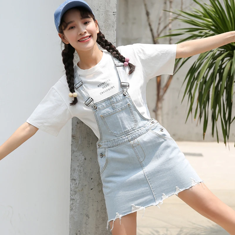 

Summer Suspender Mini Dresses Women Fashion High Waist Hem Fray Denim Dress Korean Style Sleeveless Pockets Jean Dress Vestidos