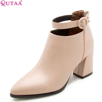 

QUTAA 2019 Pu Leather Women Shoes Platform Zipper All Match Pointed Toe Winter Ankle Boots Women Motocycle Shoes Size 34-43