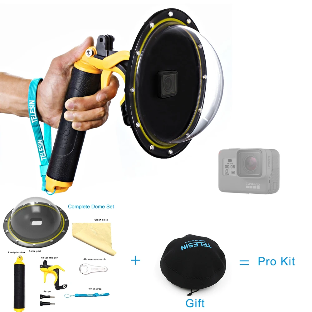 TELESIN carcasa impermeable para GoPro 5 Black Hero 6 Hero 7, de cúpula con accesorios de 6 puertos|Carcasas para videocámara deportiva| - AliExpress