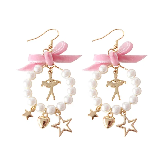 Fashion Cute White Imitation Pearl Gold Color Stars Earrings Pink Fashion Cute White Imitation Pearl Gold Color Stars Earrings Pink Bow Bowknote Ballet Dancer Stud