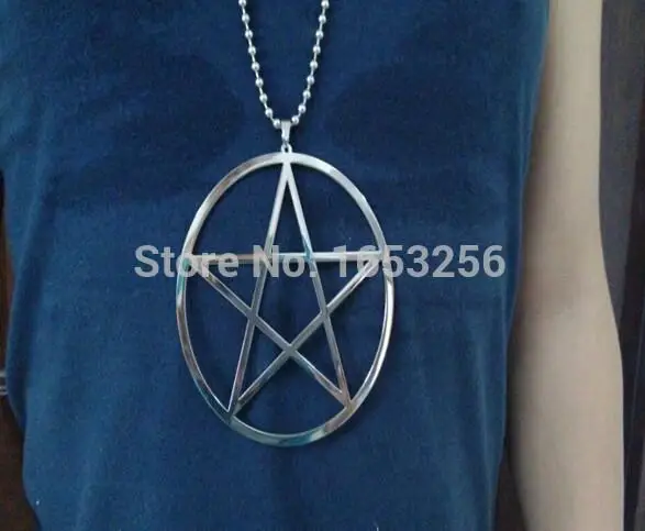 Big Large 4'' High Polished Pentagram Pentacle in Circle Stainless Steel Necklace with 4mm 32'' Chain Wiccan Pagan friends Gifts 2