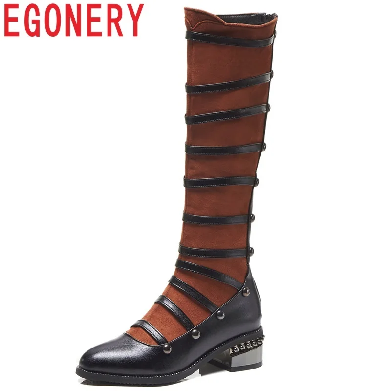 

EGONERY women shoes 2019 new fashion round toe metal decoration flock med square heel zipper black and brown knee high boots