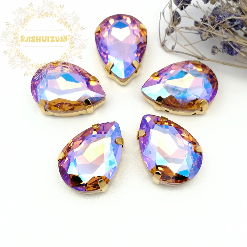 

Best-selling Water red AB color Water drop Crystal Glass Sew-on Rhinestones with gold Claw DIY wedding Dresses and Clothes