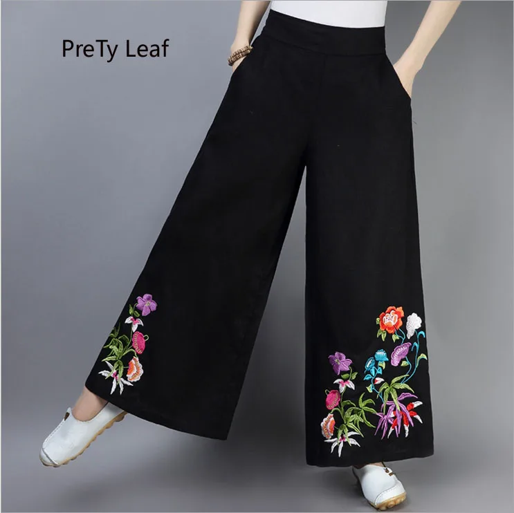

2018 autumn new cotton and linen embroidered high waist wild wide leg trousers