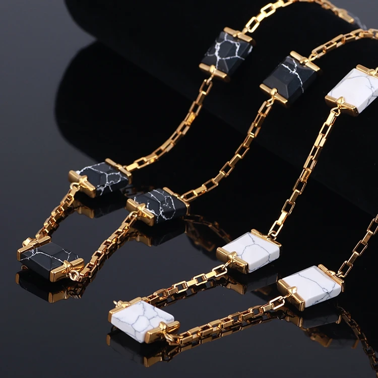 

Luxury pattern geometry gem black and white stone gold wild long necklace chain sweater chain female