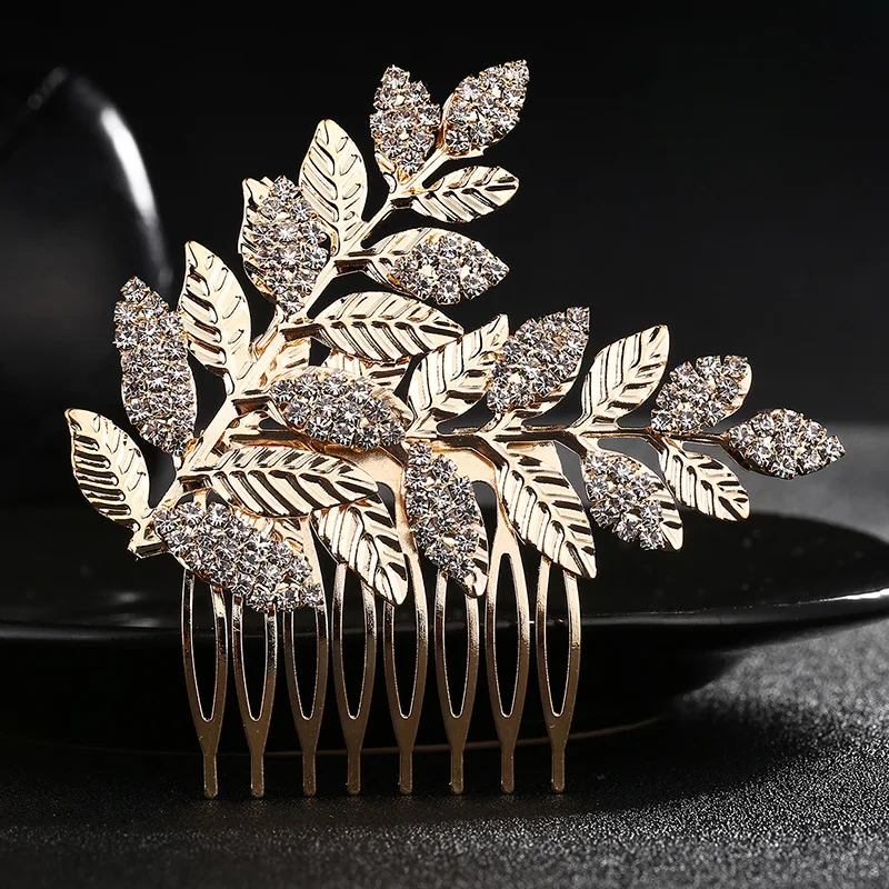 Gold Color Alloy Leaf Hair Comb Crystal Hair Combs Bride Headdress Prom Party Wedding Women Head Hair Accessories Hair Pins