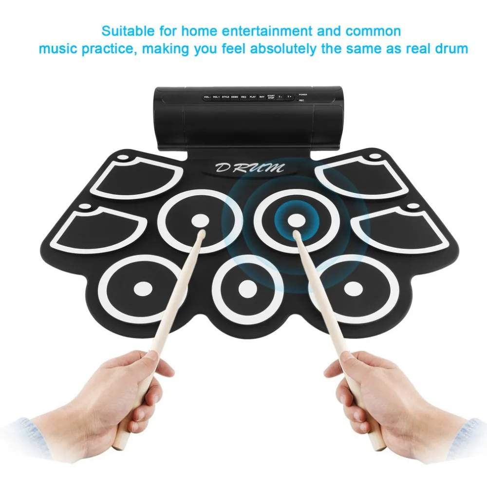 

2018 Hot Electronic Roll Up Drum Pad Set 9 Silicon Pads Built-in Speakers with Drumsticks Foot Pedals USB 3.5mm Audio Cable