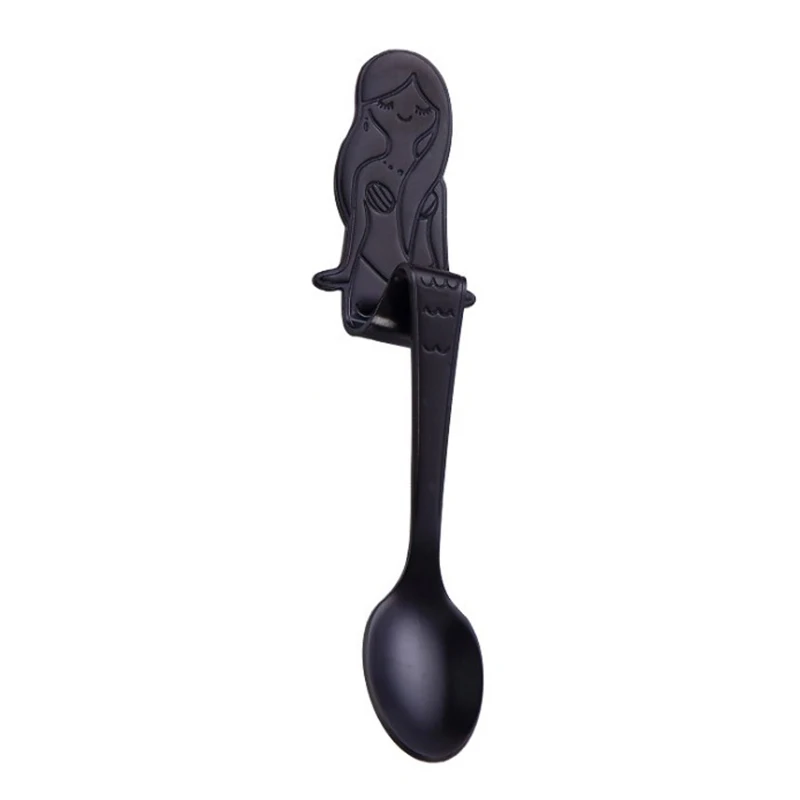 High Quality 304 Stainless Steel Cute Mermaid Coffee Spoon Kitchen Hanging Handle Milk Teaspoon Dessert Scoops Kitchen Gadget - Цвет: Black