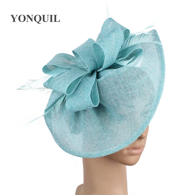 Перо Fascinators Жокейские шапочки для Для женщин Элегантный светло-голубой цвет имитация чародей шляпа девушек вечернее свадебное платье