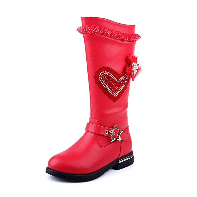 

4-13 Year Old New Winter Children High Mid-Calf Boots Fashion Girls Snow Boots Kids Shoes For Girls Crystal Flower Leather Boots