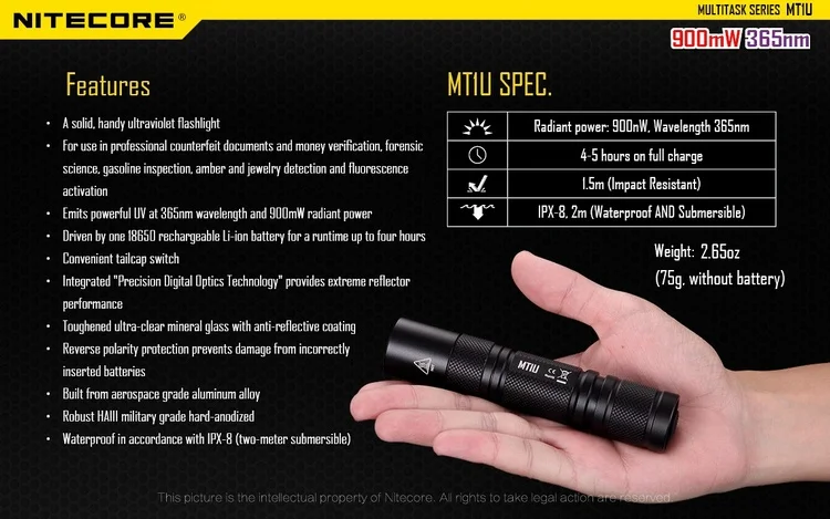 NITECORE MT1U с 18650 батарея УФ светодиодный источник удобный ультрафиолетовый фонарик Рыбалка Охота промышленности приложений Бесплатная