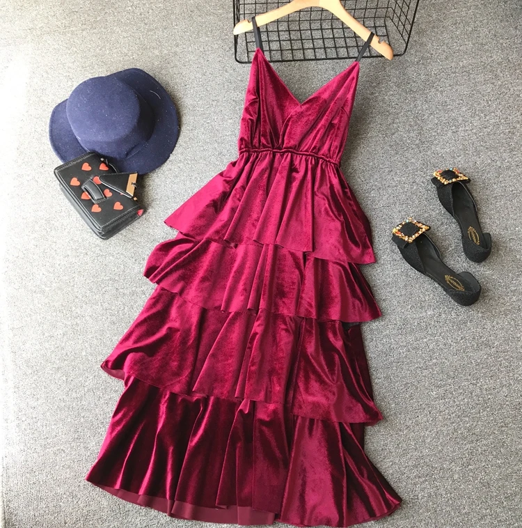 ALPHALMODA Retro Velvet Cake Dress High Waist V Collar Women Cute Vestidos De Fiesta Solid Female Medium Long Party Vestidos