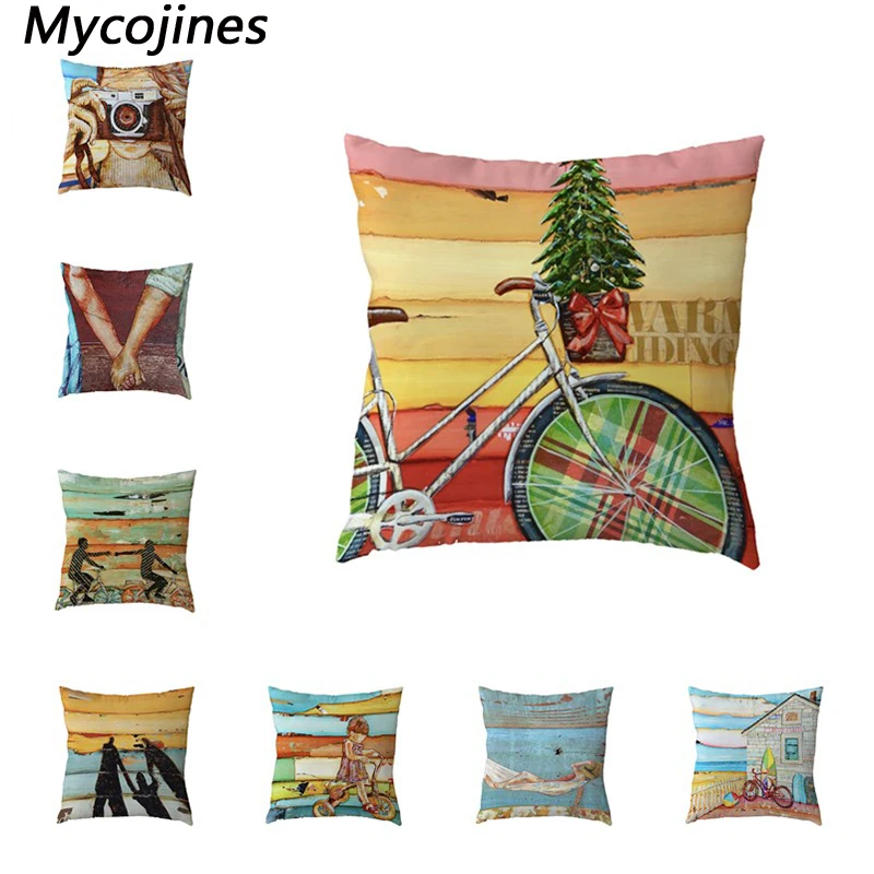 

Creative Seaside Lovers Cushion Covers Polyester Peach Skin Christmas Tree Surfboard Bike Swing Home Sofa Decorate Pillow Cases