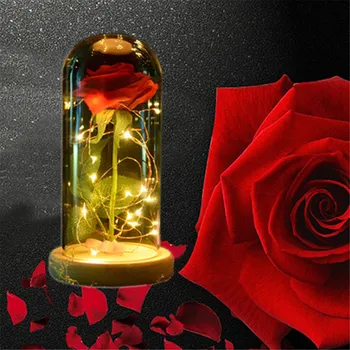 

Artificial LED Light Eternal Rose Flowers Wooden Base with Glass Cover Vacuum Red Rose Valentines Day Gift Wedding Decorations