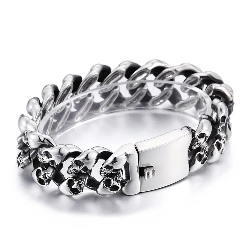 

Hot Fashion Cool Men Punk Skeleton Chain Bracelet Stainless Steel Retro Silver Black Ghost Double Skull Chain Bracelets Jewelry