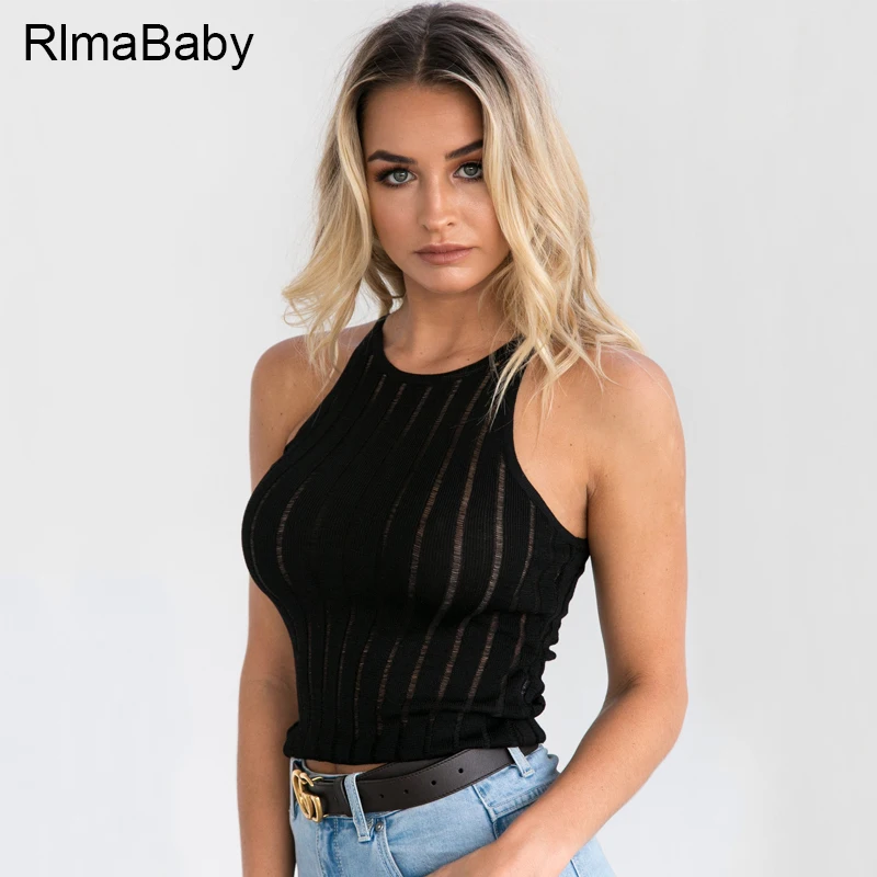 RlmaBaby Sexy Hollow Out White Crop Top 2017 Summer Slim O Neck Sleeveless Backless Black 