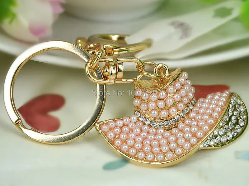 Pearls Hat Summer Keyring 18K Gold Plated Rhinestone Crystal Charm Fashion Beauty Jewellery Women Bag Pendant Key Chain Gift Pearls Hat Summer Keyring 18K Gold Plated Rhinestone Crystal Charm Fashion Beauty Jewellery Women Bag Pendant Key Chain Gift