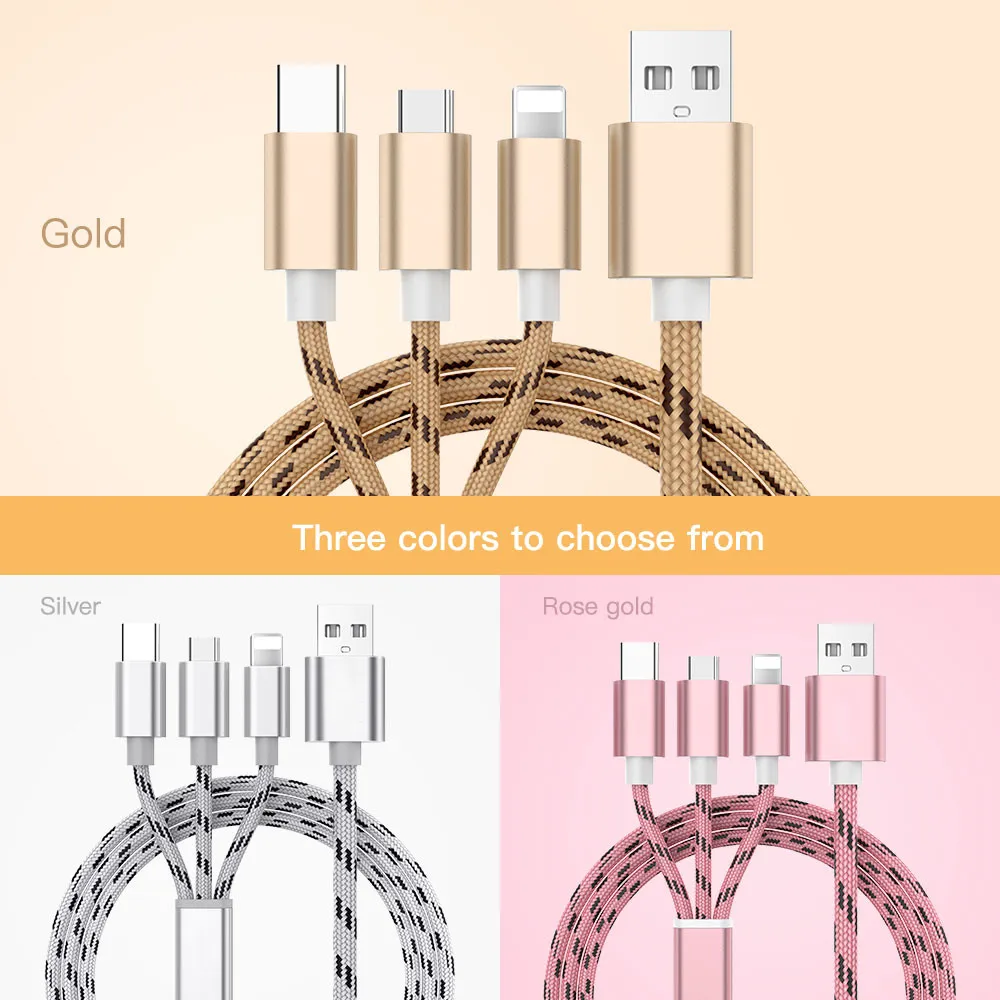 3 в 1 8Pin type C Micro USB кабель для iPhone 8X7 6 6S Plus iOS 10 9 8 samsung Nokia USB кабели для быстрой зарядки нейлоновый шнур