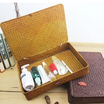 

WCIC Handmade Storage Container Cosmetic Organizer with Lid Jewelry Storage Box Woven Seagrass Case Rattan Wicker Storage Boxes