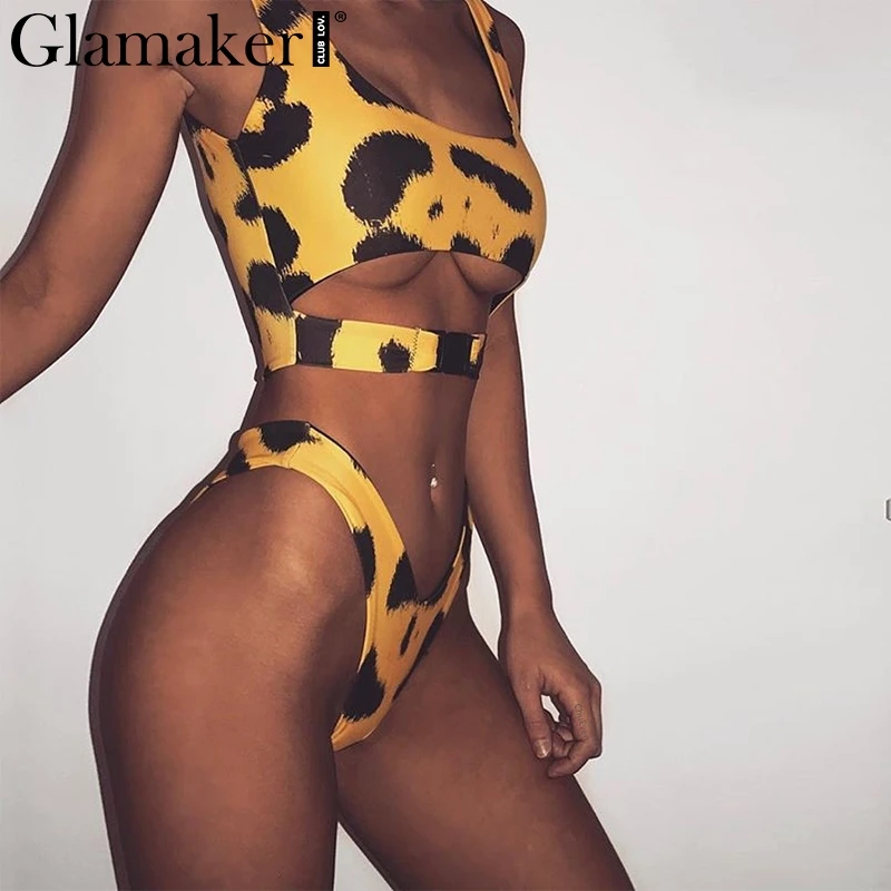 Glamaker ليوبارد طباعة رفع ارتداءها المرأة مثير الصيف bodycon ارتداءها الإناث الجوف خارج ثوب السباحة اثنين من قطعة بدلة السروال القصير