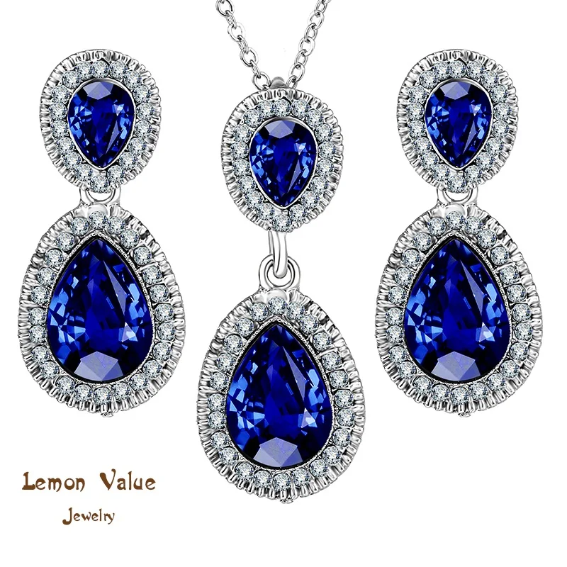 Lemon Value Romantic font b Luxury b font Blue Water Drop Pendant Necklace Earrings Charms Female