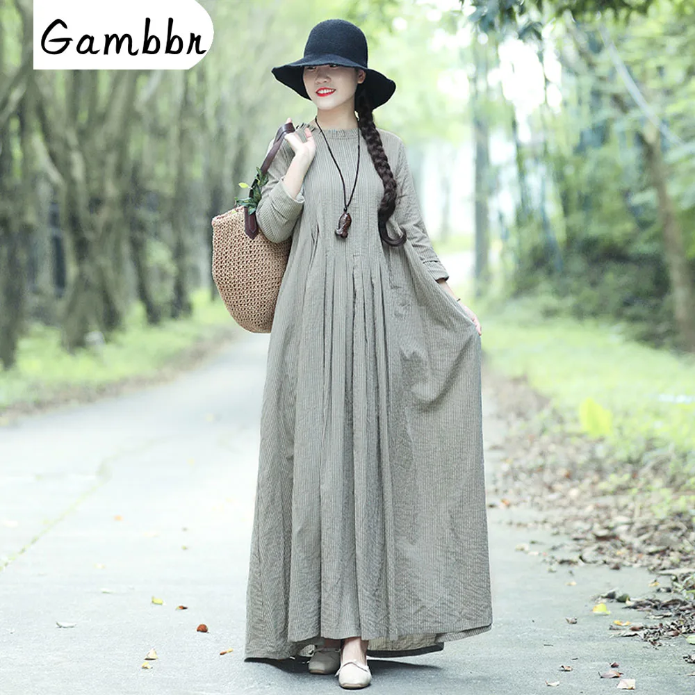 Skup Vintage Cotton Linen styl mori girl długa sukienka 2019 lato z długim rękawem luźny wąski pasek Casual modny guzik Maxi sukienka tunika kobiet