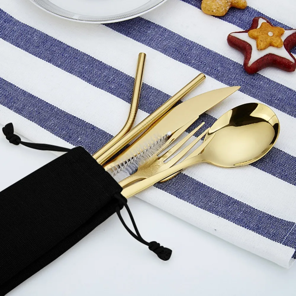 

7pcs/set Stainless Steel Metal Knife Spoon Fork Drinking Straws Set With Brush & Bag Tableware Gold Sliver Rainbow Cutlery Kit