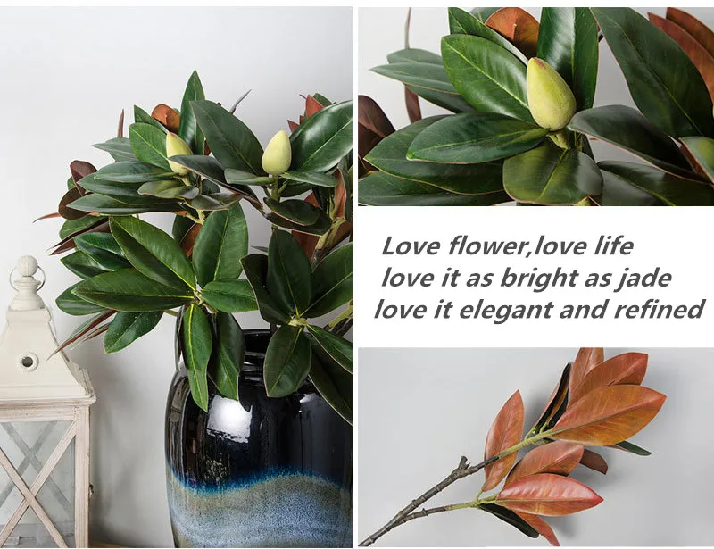 Flone 2 Branch Artificial Magnolia Leaf Bouquet Simulation Real Touch Magnolia Flower Plant Wedding Home Party Decoration Floral (6)
