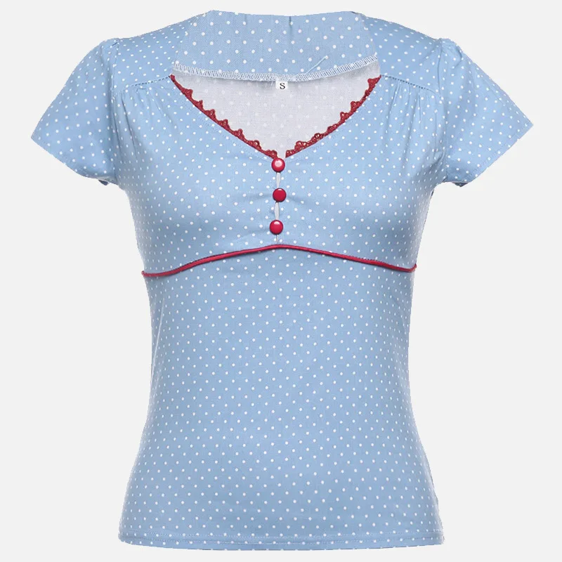 Aliexpress.com : Buy Vintage Dot Print Women's T shirts Casual Slim Short Sleeve Button Female 