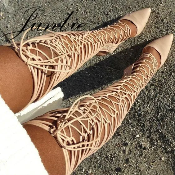 

JUNBIE Beige Rome Gladiator Lace Up Over The Knee HIgh Thigh HIgh Sandal Boots Pointed Toe Women Autumn Boots Shoes Women