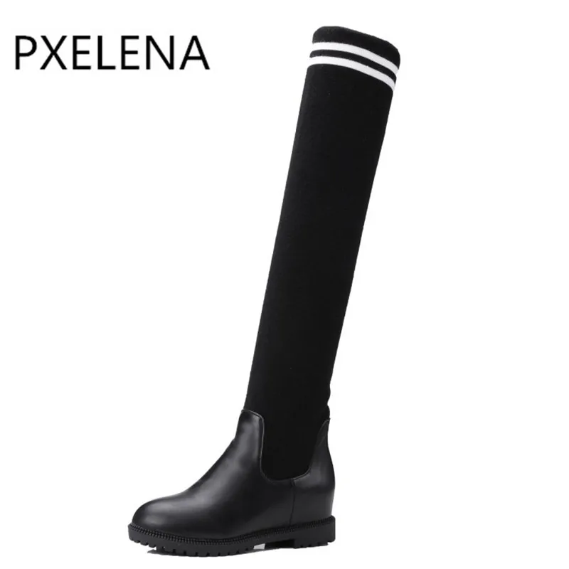 PXELENA/ г. Зимние пикантные эластичные облегающие высокие сапоги женская обувь сапоги выше колена в полоску на квадратном скрытом каблуке Женские размеры 34-43