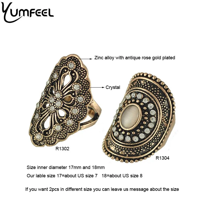 Yumfeel New Vintage Boho Jewelry Rings Metal with Antique Plated Crystal Ring Set for Women