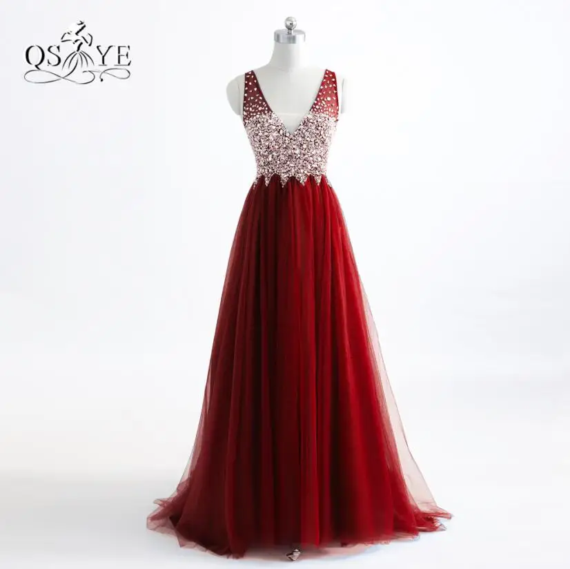 Wine Red Новые темно-синие длинные платья для выпускного вечера Robe de Soiree сексуальный v-образный вырез тюль, расшитый кристаллами и бисером Формальные Вечерние Нарядные платья для вечеринок - Цвет: Wine Red