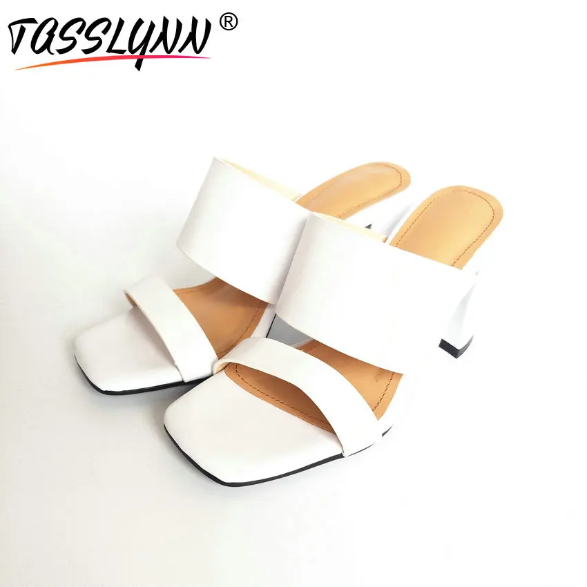 

TASSLYNN 2018 Open Toe Summer Sandals Elegant Cow Leather /PU Women Shoes High Square Heels White Wedding Shoes Size 34-39