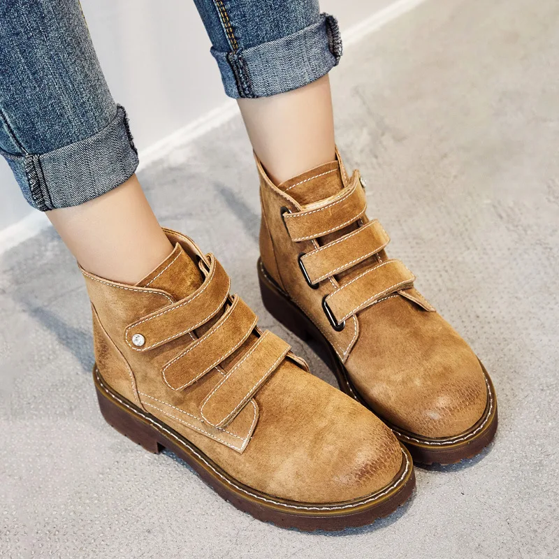 

Fashion Ankle Genuine Leather Basic Boots Women Round Toe Sewing Solid Martin Boots Med Hook Loop Winter Shoes Plus Size