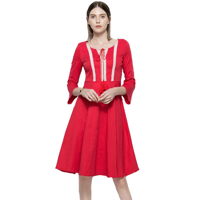 Sisjuly Summer Women Dress Female Expansion Round Neck Red Dresses 3/4 ...