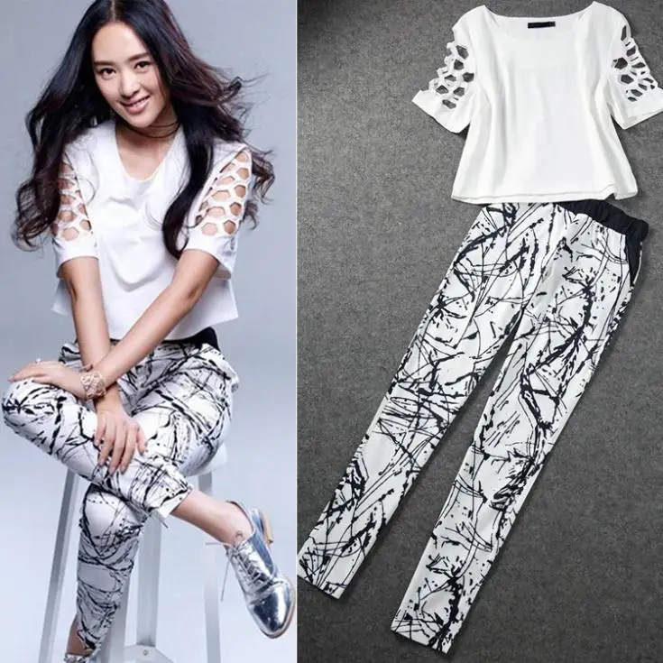 Hot 2014 New Women's Clothing Set Hollow Oout Short Sleeve Top+Printing Pencil Pants Fashion Two Piece Suit Free Shipping | Женская