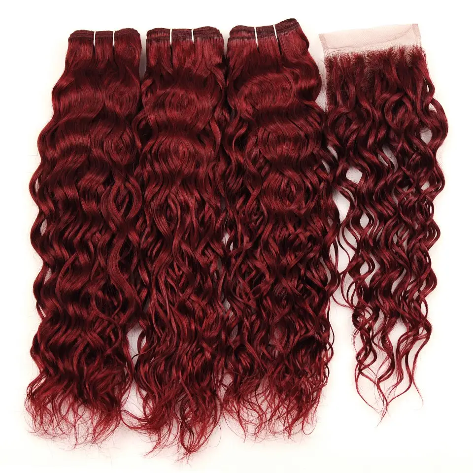 Pinshair Red 99J Brazilian Water Wave 3 Bundles With Closure Burgundy Wet Wavy Non Remy Human Hair With Lace Closure Thick Hair (6)