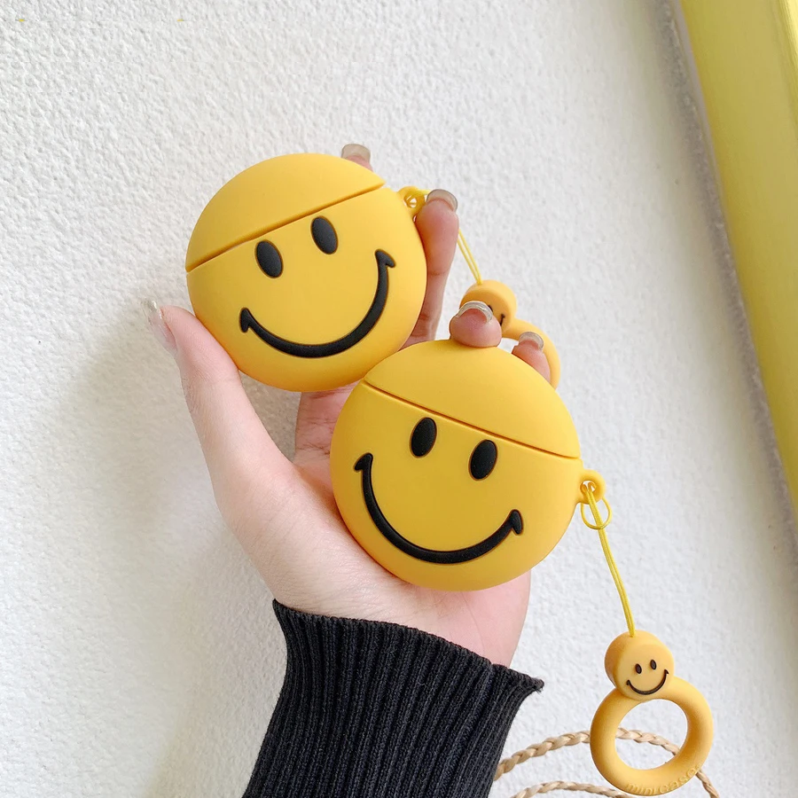 

For Airpods 2 Bluetooth Wireless Charging Box Case Smile Face Soft Silicone Earphone Cover for AirPods Headphone with Ring Strap