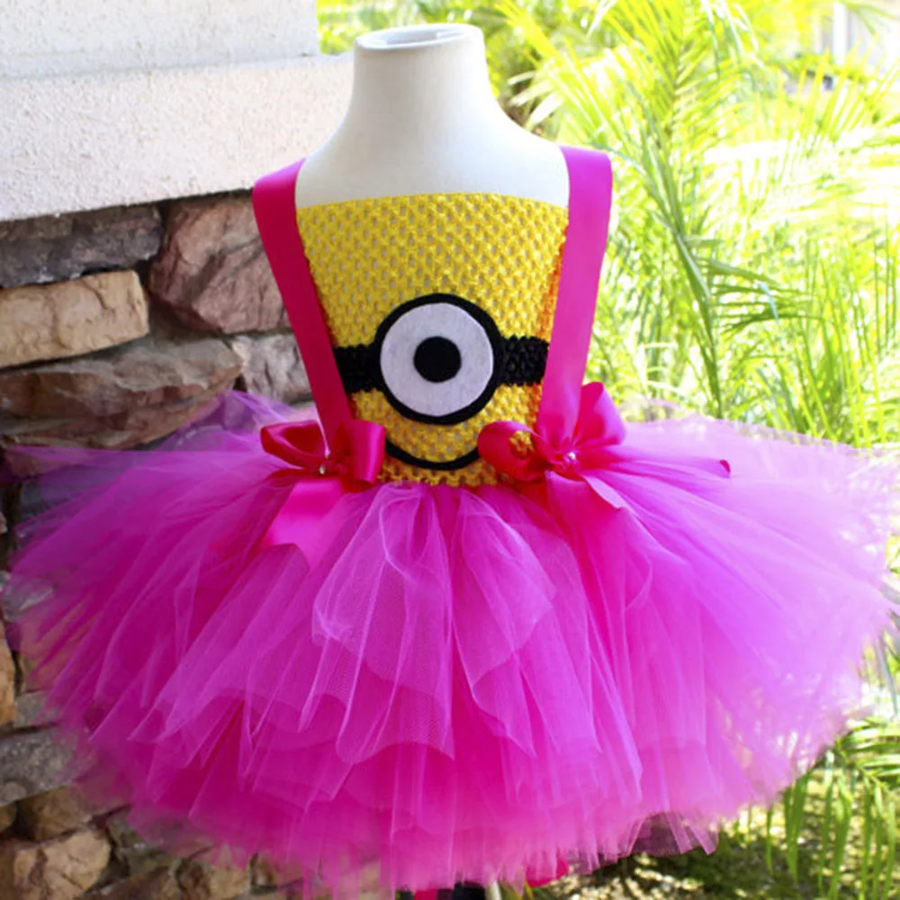 Ярко-розовое платье-пачка с миньонами для девочек платье-пачка на день рождения Косплей для маленьких девочек костюм на Хэллоуин, одежда для детей, фотографии