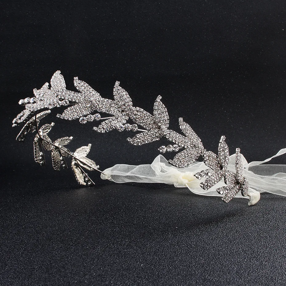 SLBRIDAL ручной работы серебряные Rhintstones кристаллы лист Свадебная Тиара повязка Свадебные аксессуары для волос подружки невесты женские ювелирные изделия