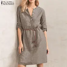 Женское элегантное платье-рубашка с длинным рукавом, ZANZEA, на осень, на пуговицах, однотонное, для работы, OL, Vestido, Robe Femme, винтажный сарафан с карманами, туника, топы